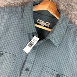 Orvis Mens L Plaid Polyester Classic Collection Short Sleeve Button Up Shirt